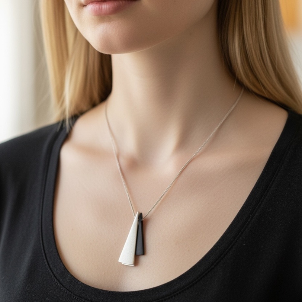 Minimalist Two-Tone Cone Pendant Necklace - Black & White